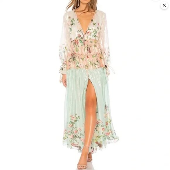 Rococo Sand Dress, Floral Maxi with Sleeves - Picture 1 of 8
